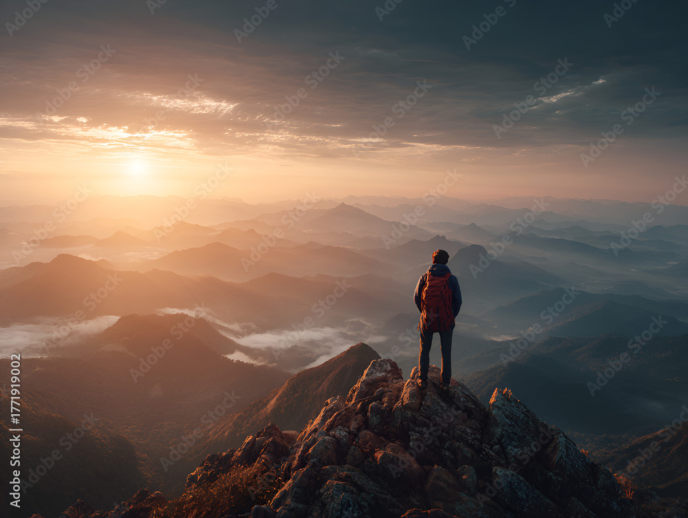 Fototapeta premium Hiker on Mountain Peak at Sunrise: Adventure and Exploration