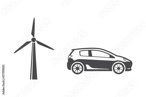 Isolated grayscale windmill and compact vehicle showcase sustainable energy sources and innovative car design