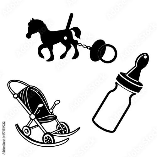 Baby carriage and horse toy in vector format