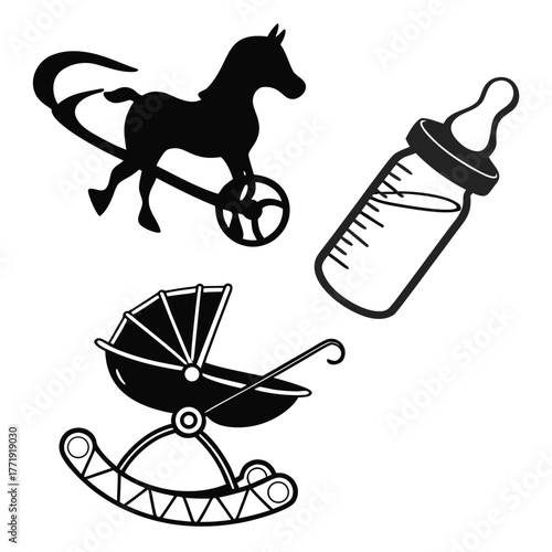 Baby carriage and horse toy in vector format