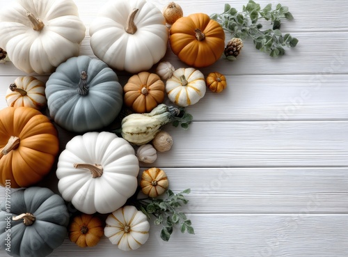 Wallpaper Mural Colorful pumpkins and decorative greens create a cozy autumn display on a rustic table, perfect for seasonal decor Torontodigital.ca