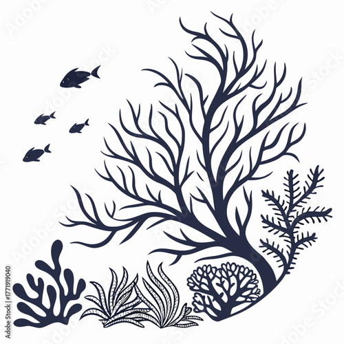 Silhouette of coral reef with fishes