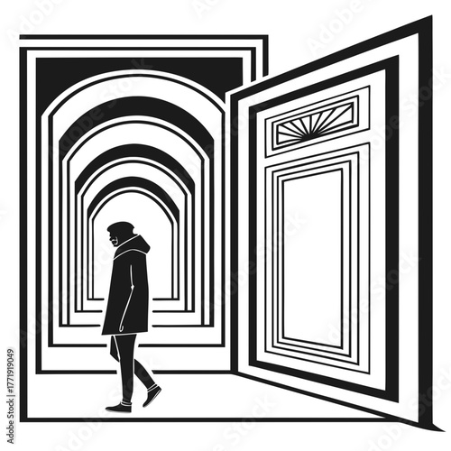 A man walking through a series of arches vector