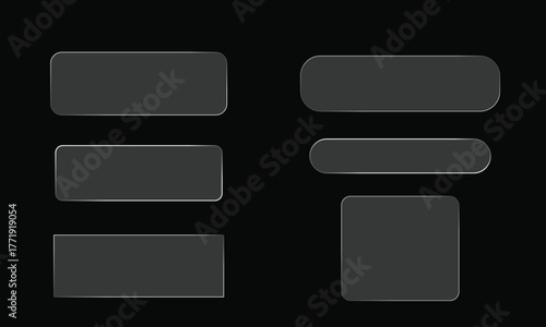 Set of glass transparent square and rectangle vector design on black background for graphics use.