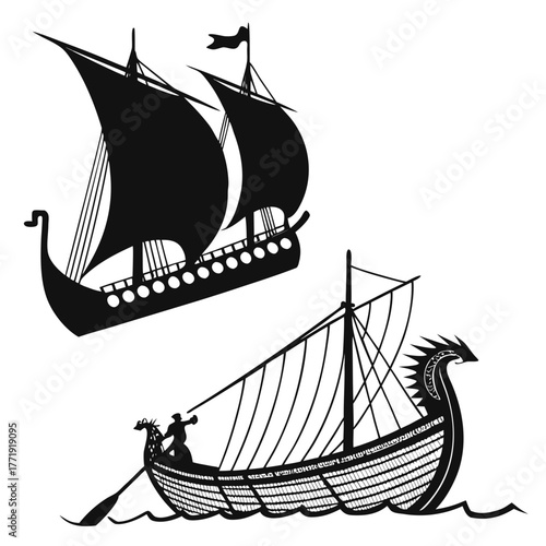 Two viking ships with sails on a, one with a rower