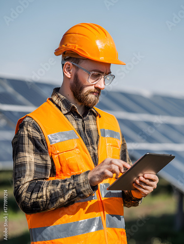 Solar Panel Engineer Inspecting Power Plant