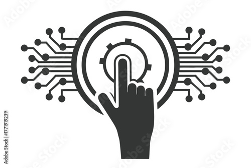 Isolated hand touches a digital circuit, activating the technology system in solid gray