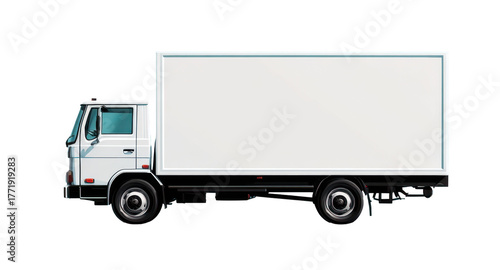 Side view of a white delivery truck with a large, blank cargo box for transportation.