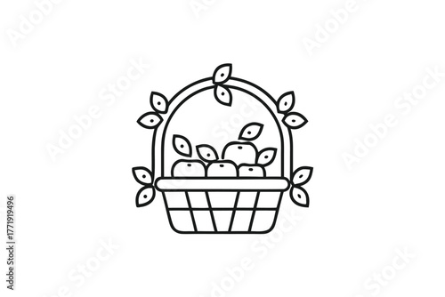 Line art displays a basket overflowing with healthy fruit, surrounded by stylized leaves