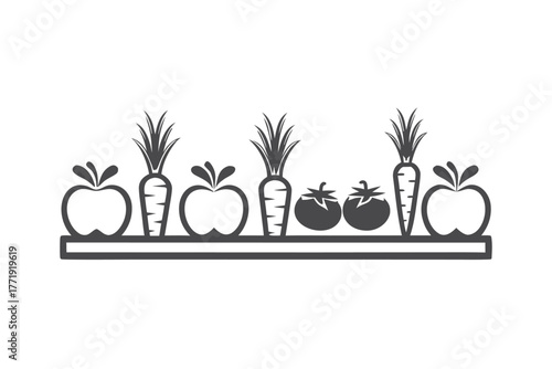 Line art of fresh apples, tomatoes, and carrots in a simple composition