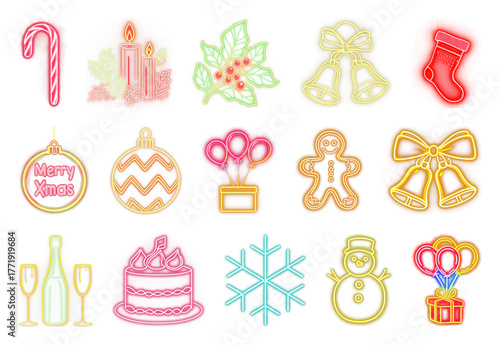 PNG Vibrant neon Christmas icons, element set on transparent background