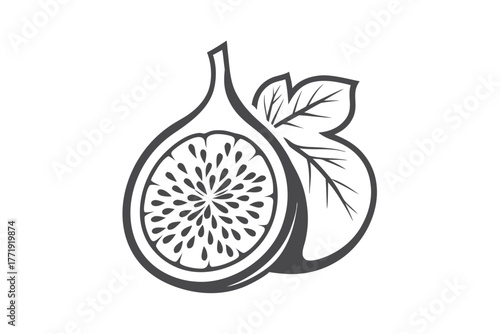 Line drawing displays a halved fig beside leaves, showing its seeds and fresh fruit