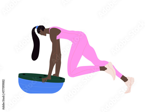 Woman doing bosu ball plank to push up or walking plank up downs exercise. Flat vector illustration isolated on white background.