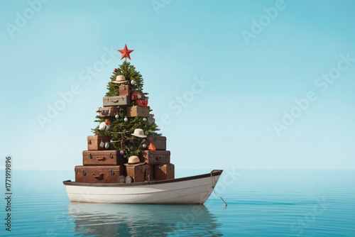 a boat with a christmas tree on top