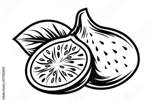 Line drawing shows a sliced fig with seeds and leaf in a bold presentation