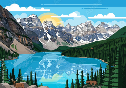 Scenic Mountain Lake Landscape with Wildlife and Reflections, Vector Illustration