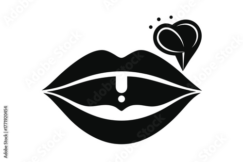 Lips biting tongue with a heart shape speech bubble expresses love and desire