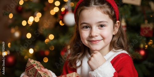 a little girl in santa claus costume holding a gift
