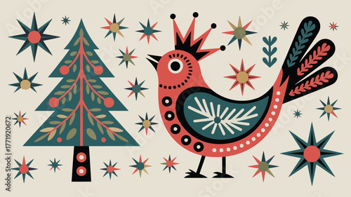 Charming folk art Christmas scene with bird and tree for festive holiday projects and seasonal designs that bring joy and unique style to your creations