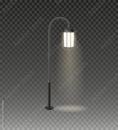 Realistic vector Modern and vintage city street lights row working at night. Urban electrical lightning system. Glowing retro lampposts