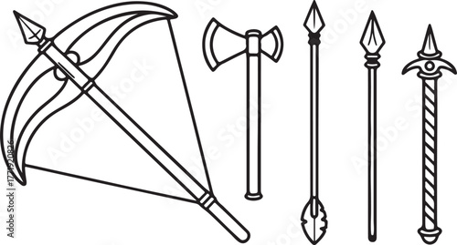 A set of medieval weapons including a crossbow, axe, and spears. vector design Generative AI. A collection of line art illustrations of various medieval weapons. featuring a crossbow. a battle axe. an