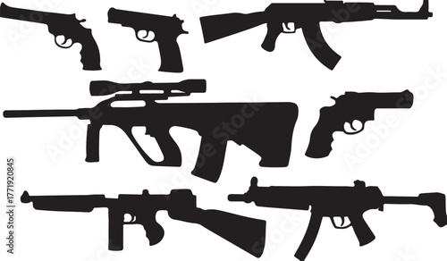 Silhouttes of weapons on white background , vector
