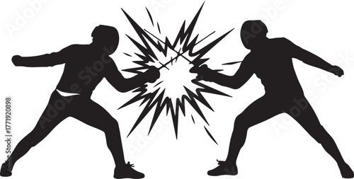 Fencing Duel Silhouette - Dynamic Action and Competitive Spirit. A striking silhouette captures two fencers engaged in a dynamic duel, showcasing the intensity and skill of the sport

