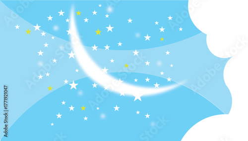 Whimsical crescent moon shines brightly amidst sparkling stars and soft clouds