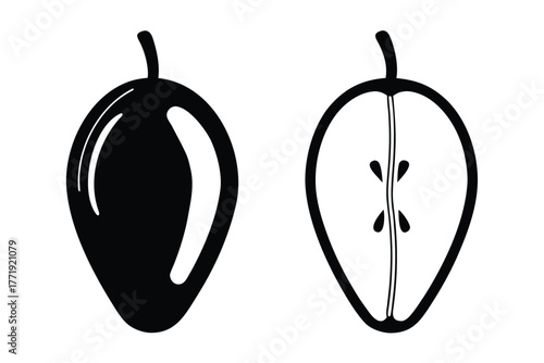 Minimalist pears present one halved and another whole, displayed in contrasting monochrome tones