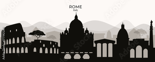 Vector silhouette of Rome skyline with iconic landmarks like the Colosseum, St. Peter’s Basilica, Roman Forum and pine trees. Perfect for travel, tourism, architecture, history and Italy themed design