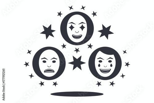 Monochrome art shows clown, sad and happy masks surrounded by star shapes