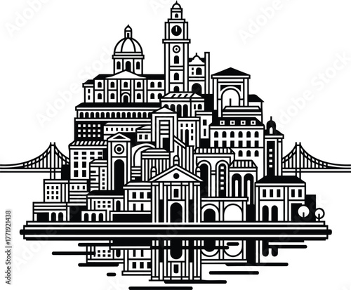 Stylized black and white cityscape with bridges and reflection