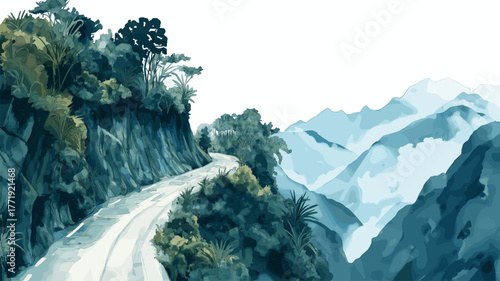 Death Road - Yungas Road. Death Road - Yungas Road hand drawn watercolor illustration