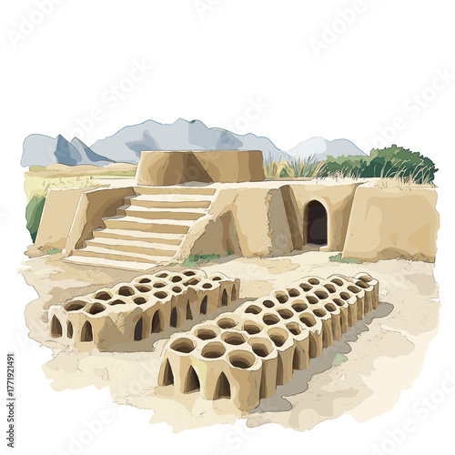 Chan Chan Archaeological Site. Chan Chan Archaeological Site hand drawn watercolor illustration