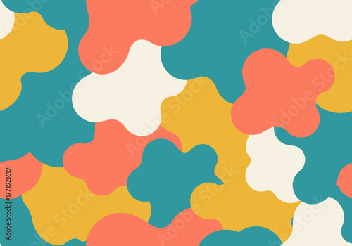 Abstract colorful pattern with whimsical shapes in teal, yellow, and orange hues