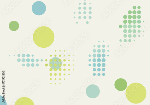A modern abstract background featuring green and blue circles and halftone dot patterns on a light surface.
