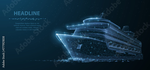 Ship. Abstract vector luxury ruise liner ship on dark blue night sky background with dots, stars. Recreation, ocean travel, comfort relax, success symbol. Sea tourism, holyday vacation concept

