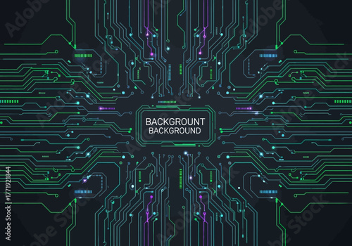 Abstract glowing circuit board pattern with intricate electronic lines on a dark background, representing digital technology and data flow.