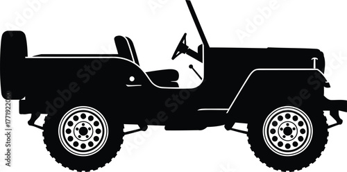 Classic black silhouette of an open top vintage jeep