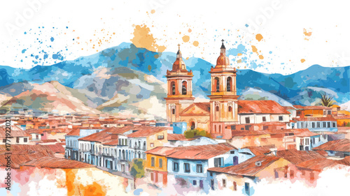 Sucre Historic Center. Sucre Historic Center hand drawn watercolor illustration