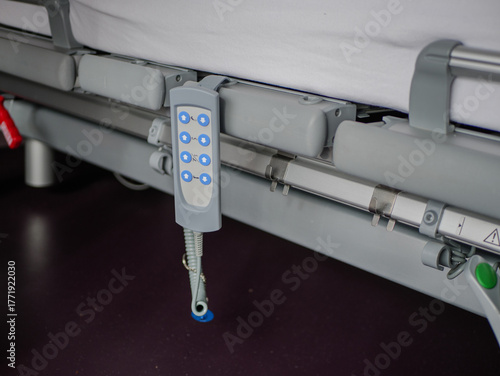 Modern hospital bed control panel close-up with adjustment buttons for patient comfort and healthcare equipment concept, pro photo. High quality photo
