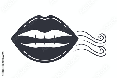 Monochrome lips with visible teeth exhale three lines of flowing curls toward the right side