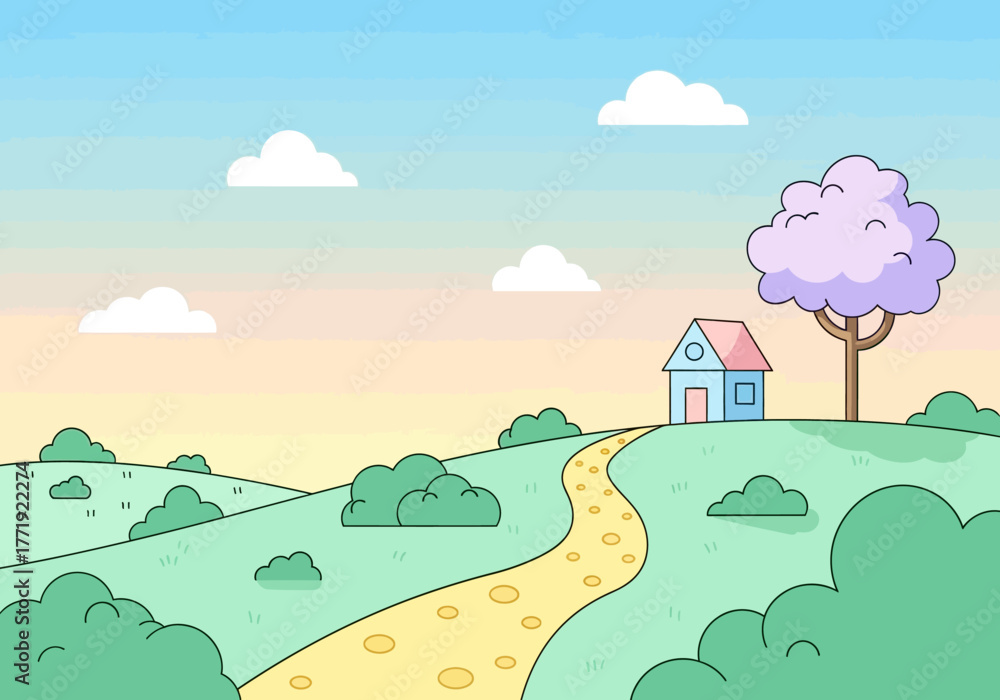 Fototapeta premium A charming cartoon landscape with a winding path leading to a small house and a purple tree on a green hill under a pastel sky.