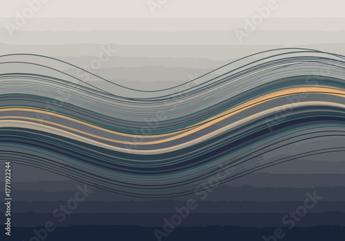 Abstract wavy lines in shades of blue, gray, and gold, creating a flowing, dynamic visual.
