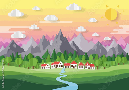 Flat design landscape with mountains, trees, houses, river, and clouds.