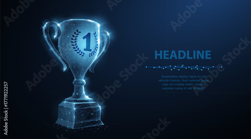 Trophy cup. Abstract vector 3d trophy with laurel wreath isolated background. Champions award, sport victory, winner prize concept. Competition success, first place, best win symbol. Top one number

