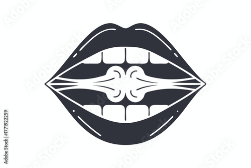 Monochrome open mouth shows teeth and tongue detailed through simple outlined artistic style