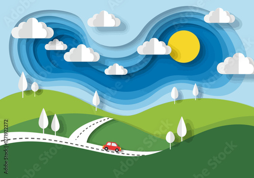 A scenic landscape illustration with rolling green hills, a winding road, a red car, and a bright sun in a layered blue sky with clouds.