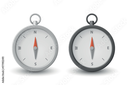 Vector 3d Realistic Compass Icon Set. White and Black Navigation Compasses. Classic Travel Compass Icon, Navigation Symbol, Exploration Tool, Direction Equipment, Front View