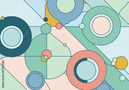 Abstract geometric pattern with circles and lines in pastel colors, creating a modern and clean design.
